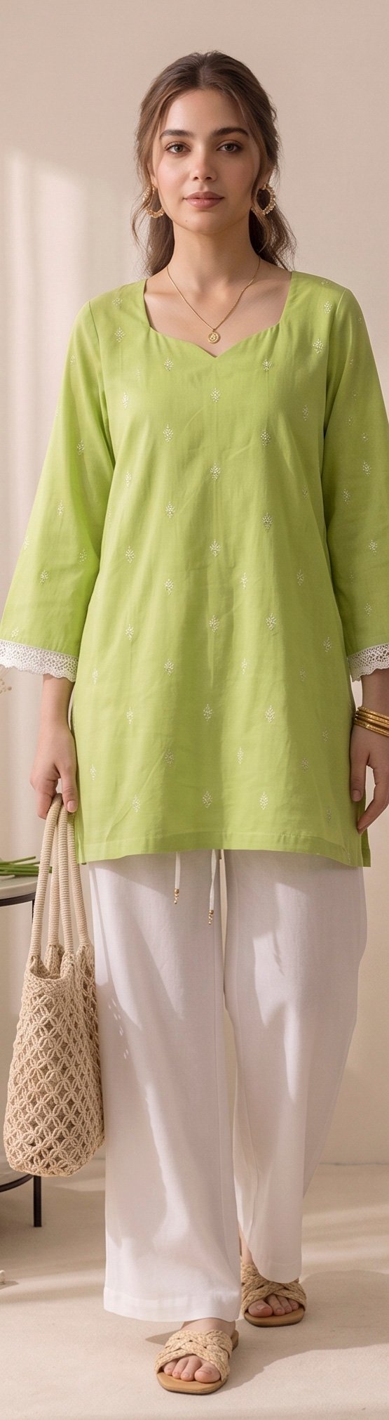 Izora Fresh Lime Embroidered Tunic Set