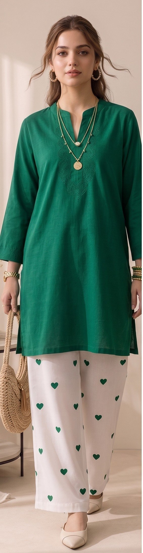 Izora Emerald Green Tunic & Heart Embroidered Palazzo