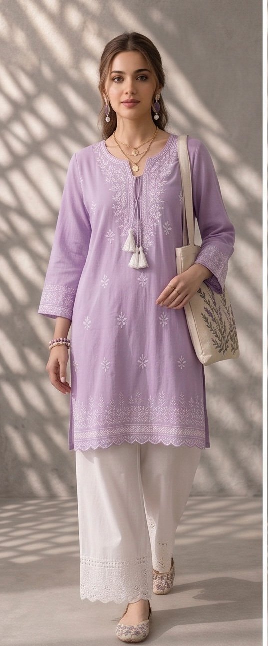 Izora Lavender Bloom Embroidered Tunic Set